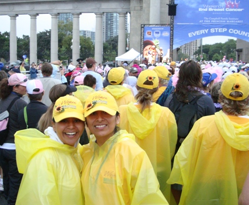 Fabiola (left) and Rosario Astuvilca at the Toronto Exhibition grounds during the rainy start of the Weekend to End Breast Cancer walk, September 6 and 7, 2008.  Photo Credit: Team mate Monica Ospina