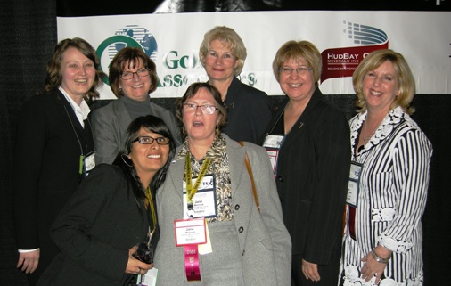 Several members of the Women in Mining Network at the WIM reception during the Toronto, Canada, PDAC convention in March 2008. From left to right: Rosario Astuvilca of the Bedford Group, Catharine Shaw of Golder Associates, Sue Hebert (assistant deputy minister of mines in Ontario), Jane Werniuk of Canadian Mining Journal, Pat Dillon of Teck Cominco, MaryAnn Mihychuk of Hudbay Minerals, and Kim MacDonald of the PDAC. Photo Credit: Stan Sudol