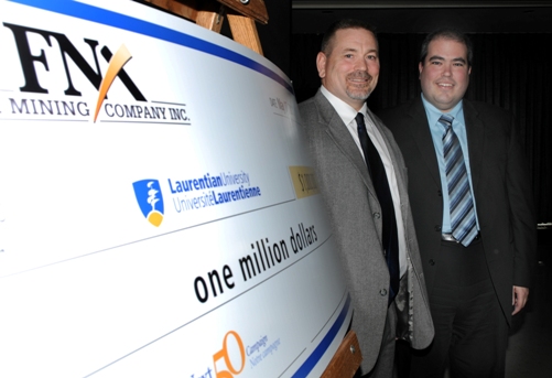 (L to R) Vern Baker, FNX Mining Vice-President of Sudbury Operations; Dominic Giroux, President Laurentian University  Photo by Northern Life Staff - Marg Seregelyi