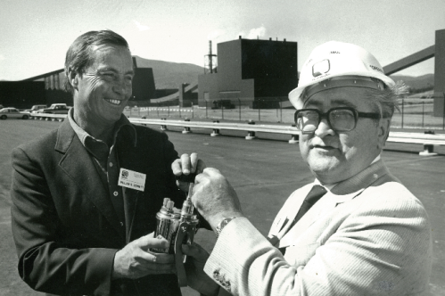 (L to R) British Columbia Premier Bill Bennett and Denison Mines CEO Stephen B. Roman at the opening of the Quintette Mine at Tumbler Ridge.